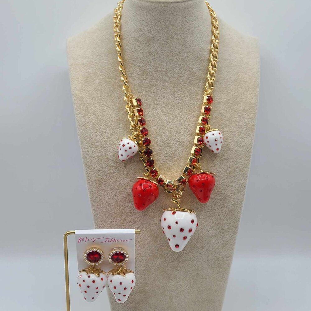 Betsey Johnson Enamel Red Crystal Strawberry Necklace & Earring Set NWT! NEW! - Picture 1 of 12
